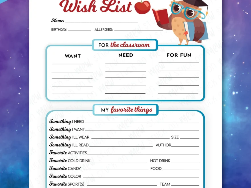 Printable Teachers Favorite Things Wish Lists Wish List Template All About Teacher Printable Teacher Lists Owl School Printables Lists Etsy