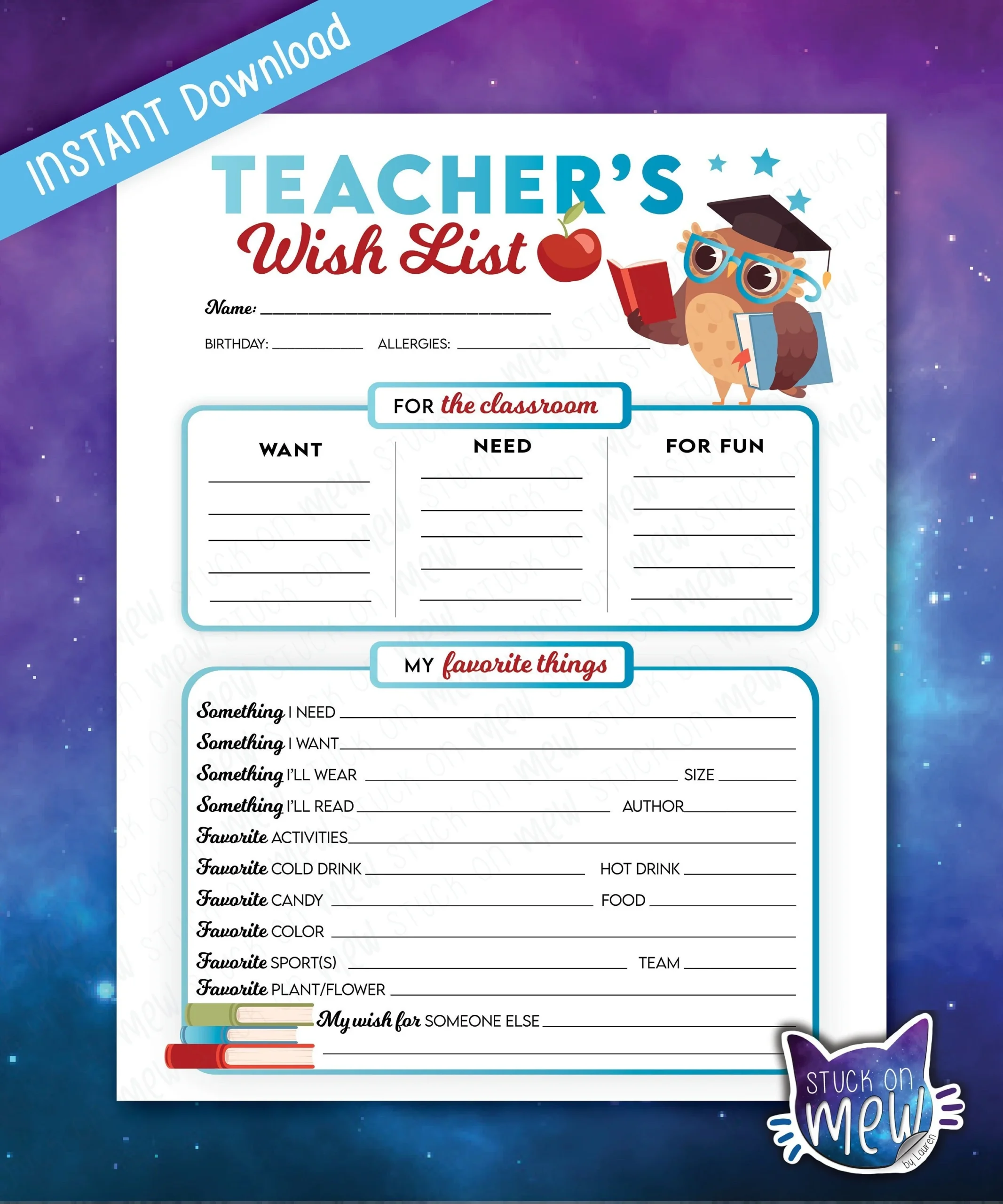 Printable Teachers Favorite Things Wish Lists Wish List Template All About Teacher Printable Teacher Lists Owl School Printables Lists Etsy