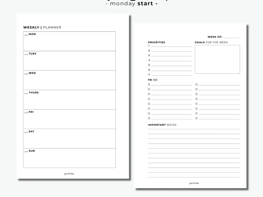 PRINTABLE Week On 2 Pages Horizontal Planner Insert WO2P Minim Poi Hun