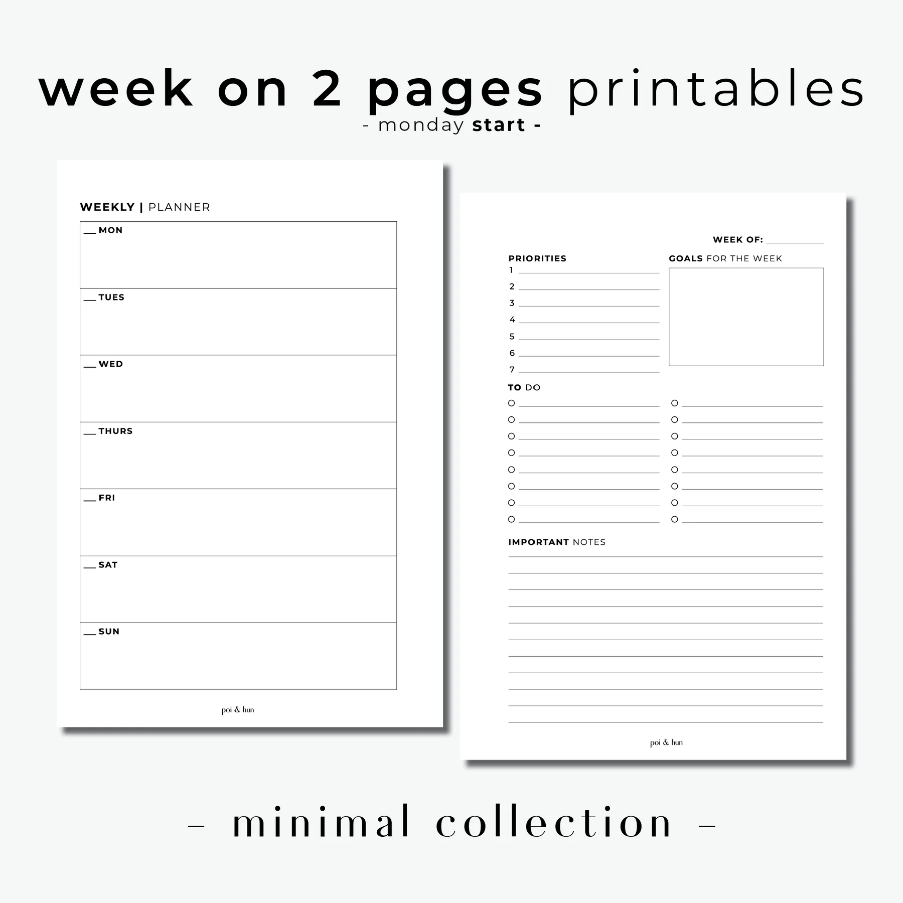 PRINTABLE Week On 2 Pages Horizontal Planner Insert WO2P Minim Poi Hun