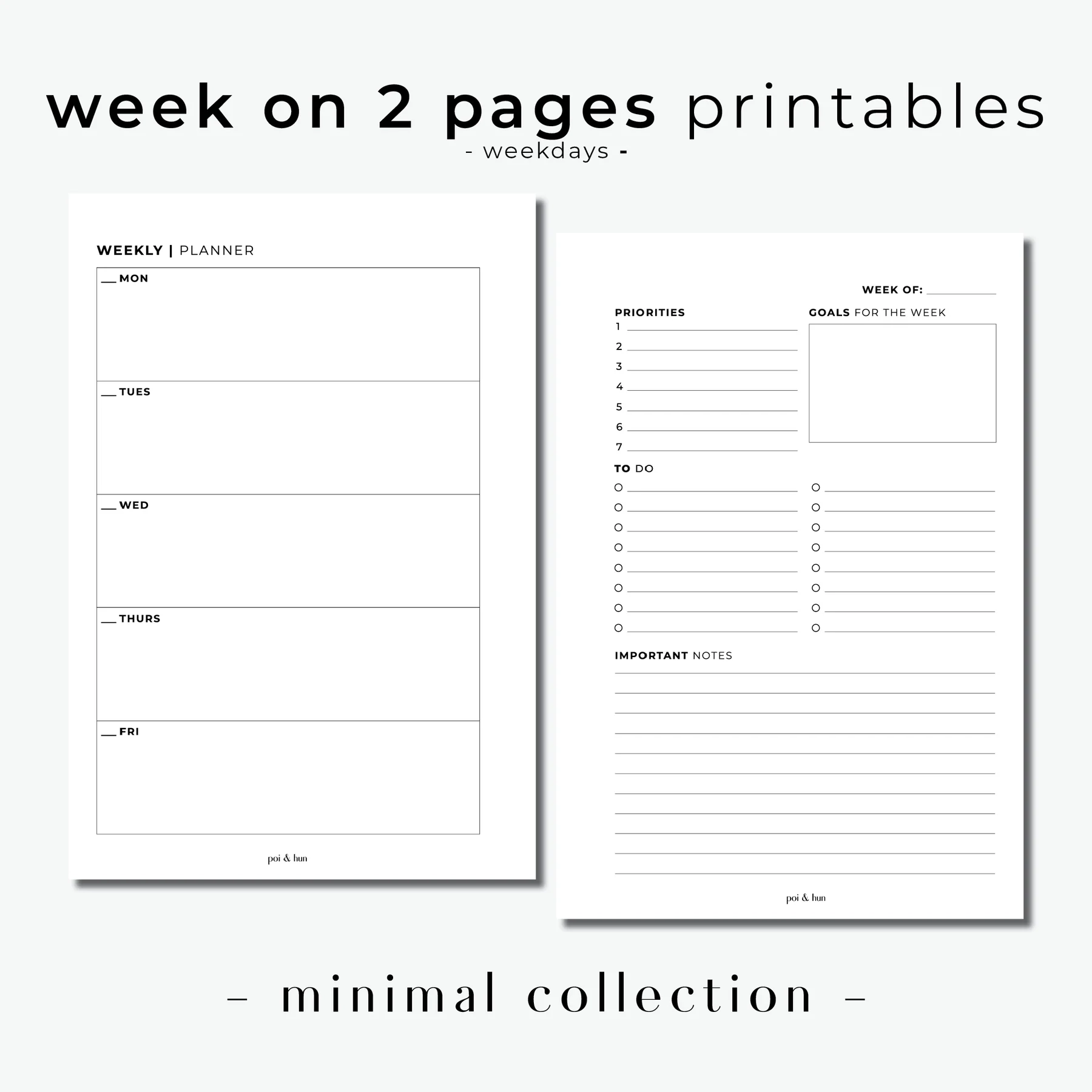 PRINTABLE Week On 2 Pages Horizontal Planner Insert WO2P Minim Poi Hun