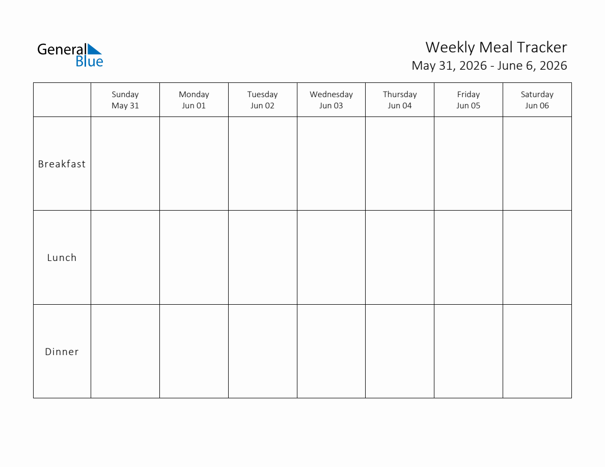 Printable Weekly Meal Tracker Week Of May 31 2026
