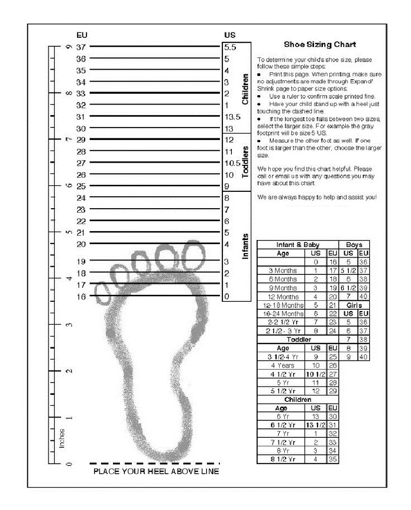 Printable Shoe Measuring Chart For Adults