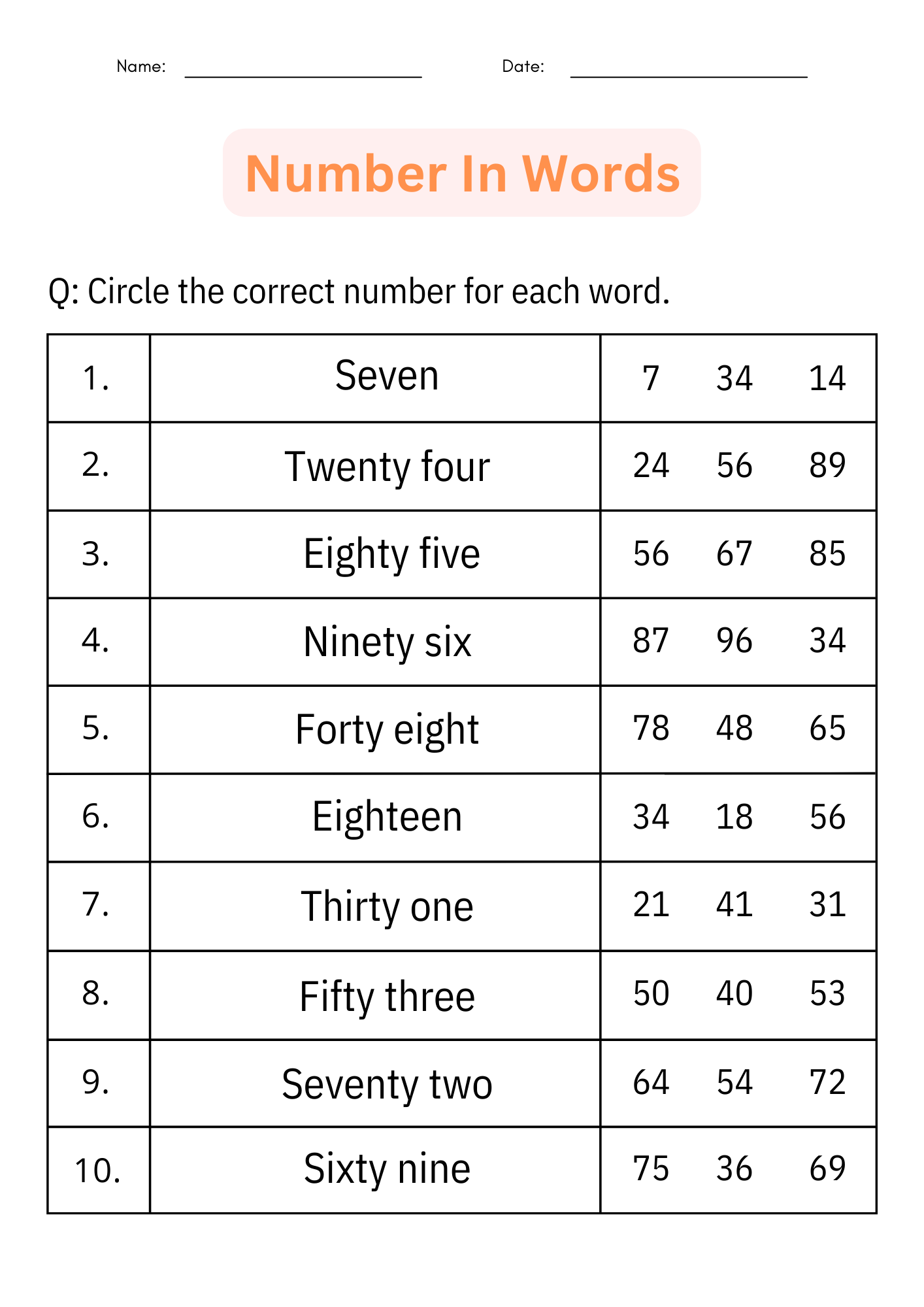 Printable List Of Number Words Printable List Of Number Words