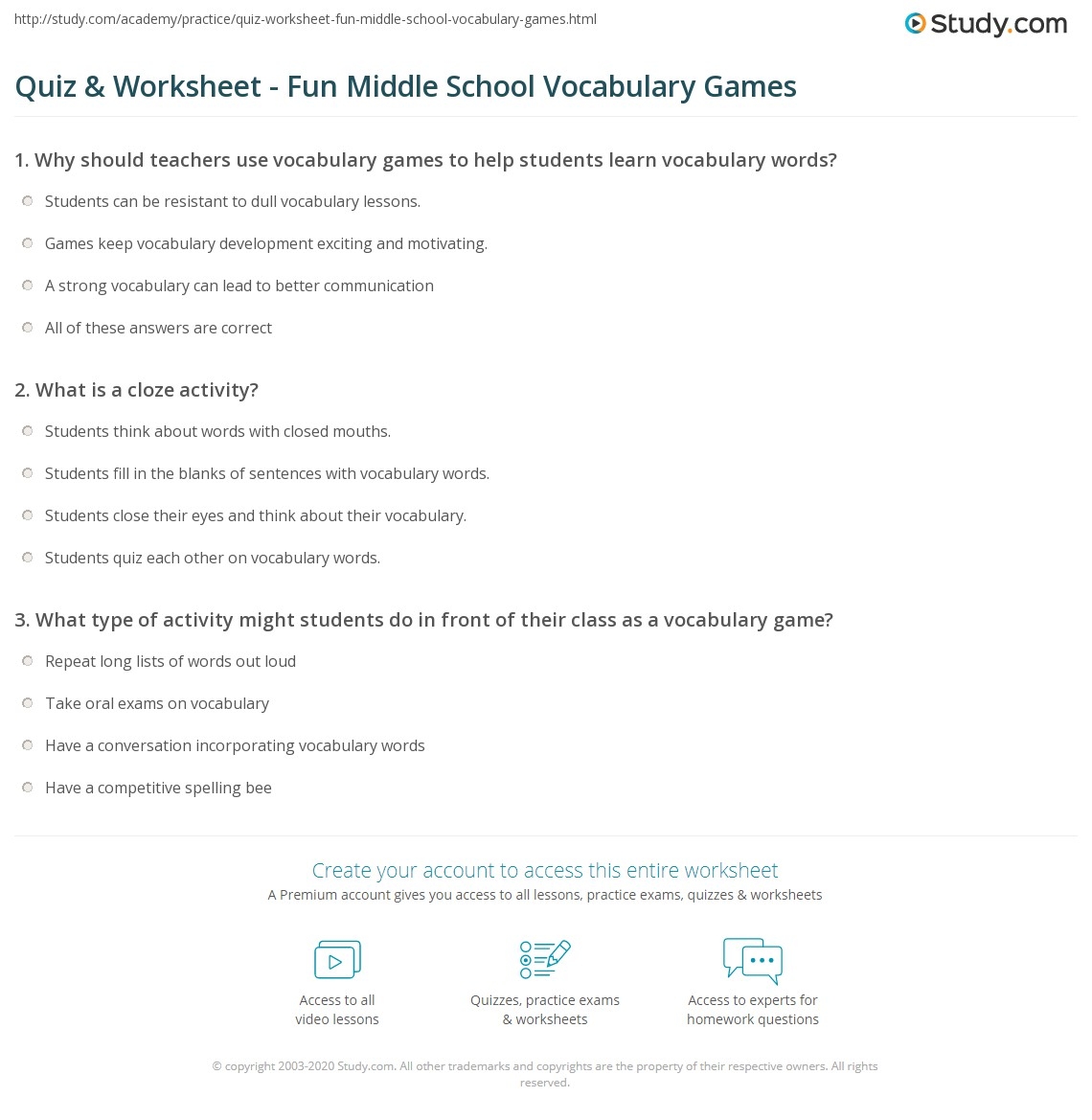 Quiz amp Worksheet Fun Middle School Vocabulary Games Study Worksheets Library