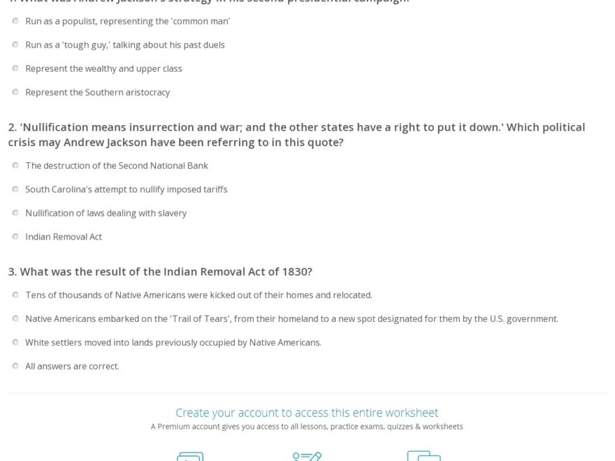 Quiz Worksheet Andrew Jackson s Presidency Study