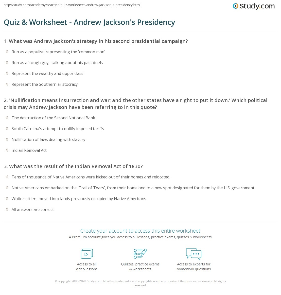 Quiz Worksheet Andrew Jackson s Presidency Study