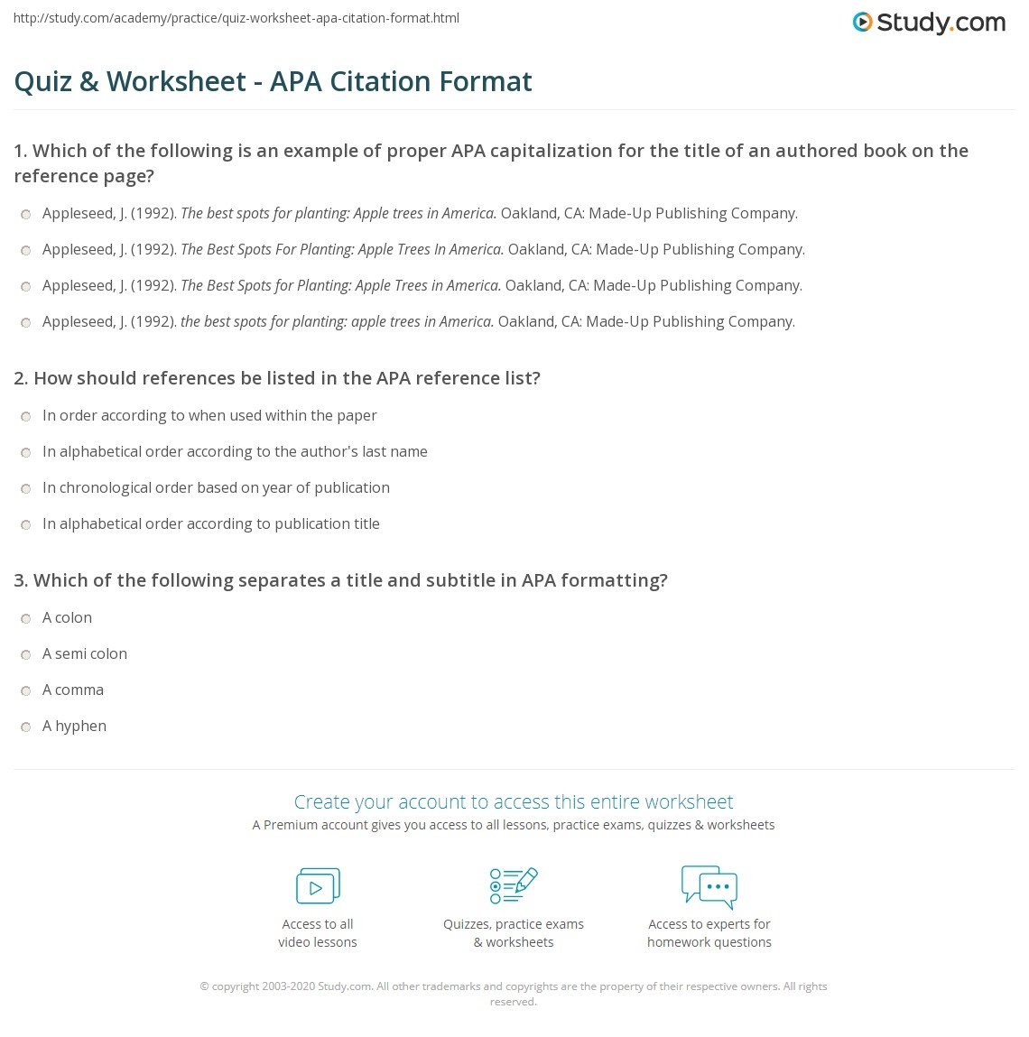 Quiz Worksheet APA Citation Format Study