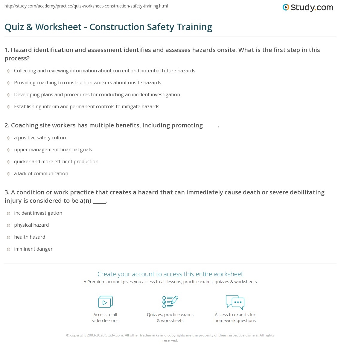Quiz Worksheet Construction Safety Training Study