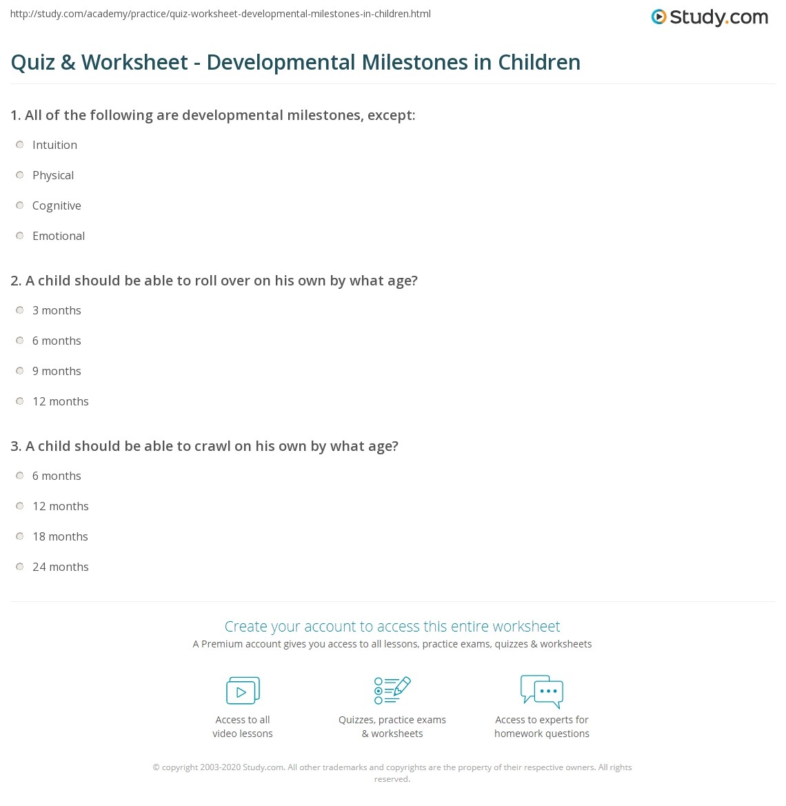 Quiz Worksheet Developmental Milestones In Children Study