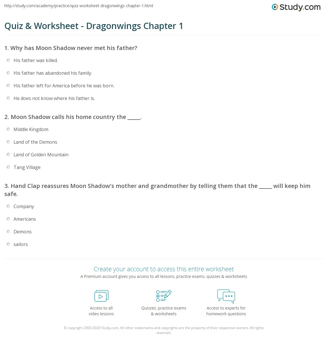Quiz Worksheet Dragonwings Chapter 1 Study