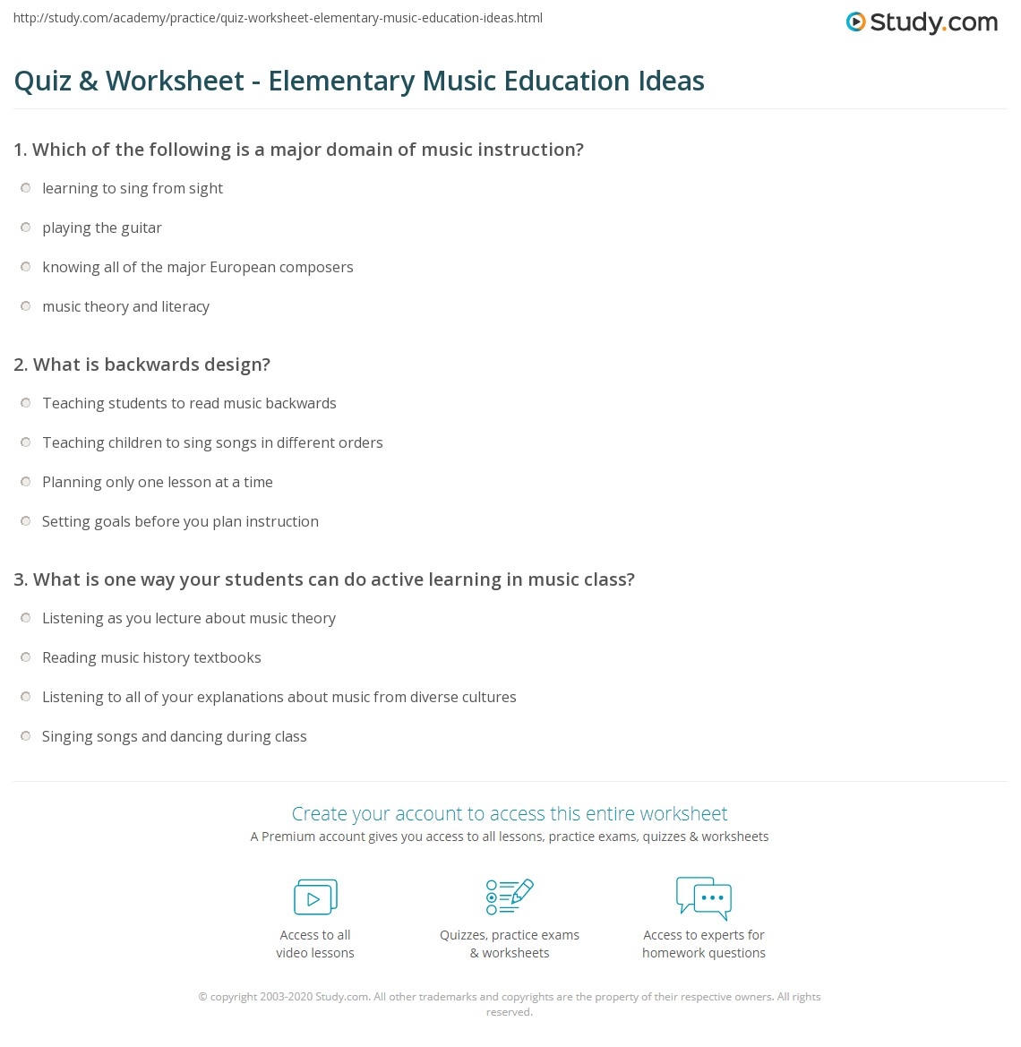 Quiz Worksheet Elementary Music Education Ideas Study