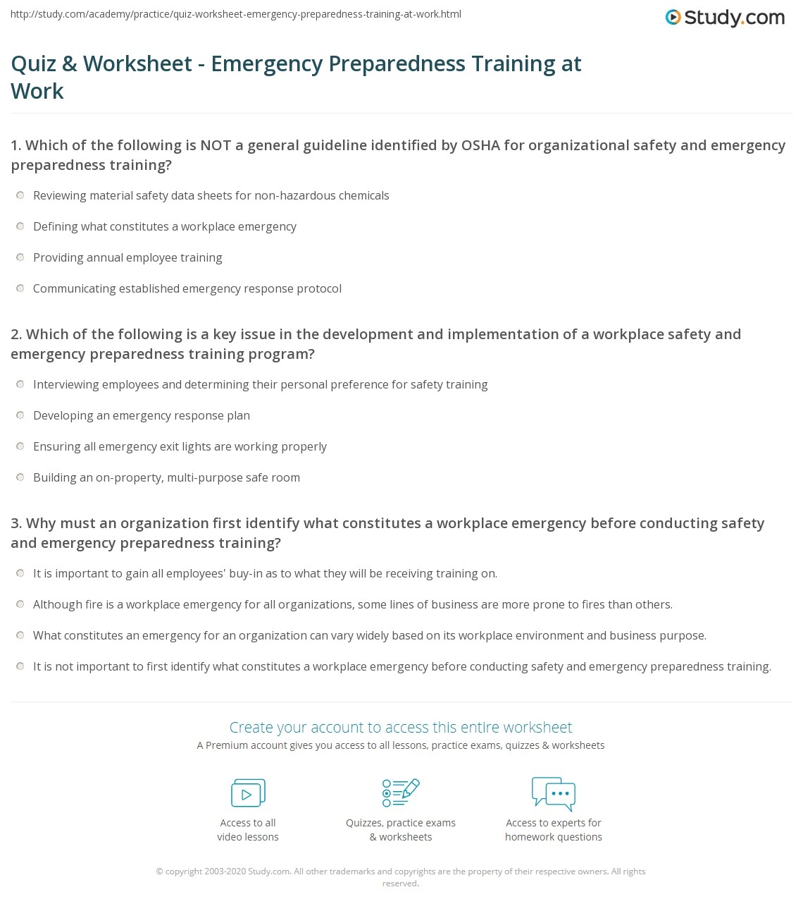 Quiz Worksheet Emergency Preparedness Training At Work Study