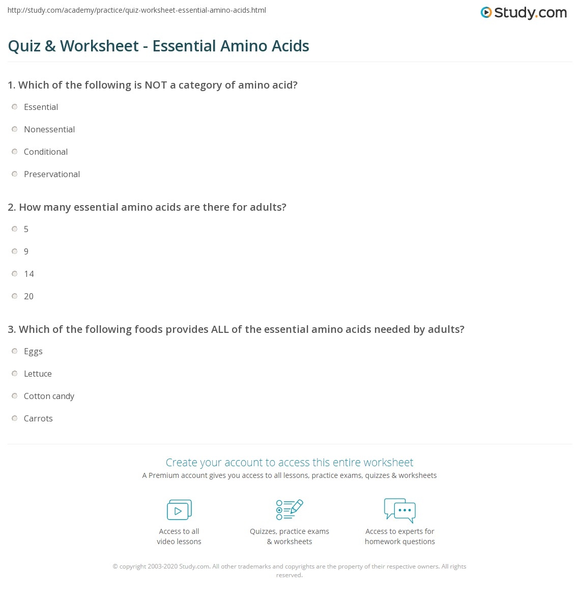 Quiz Worksheet Essential Amino Acids Study