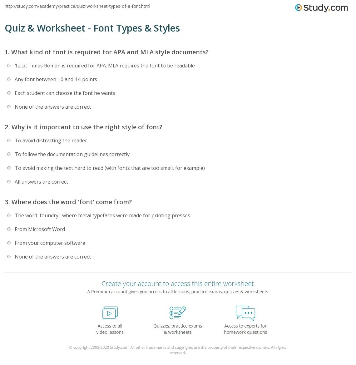 Quiz Worksheet Font Types Styles Study