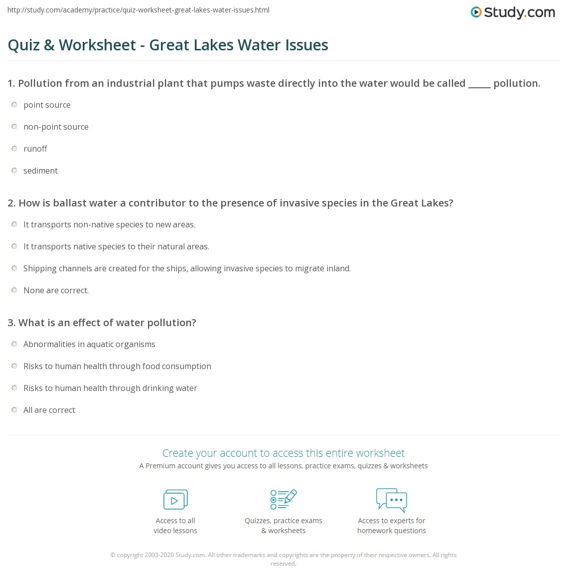 Quiz Worksheet Great Lakes Water Issues Study