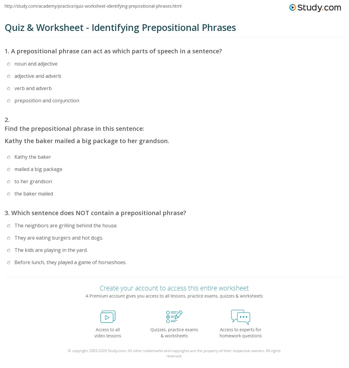 Identifying Prepositional Phrases Quiz Printable