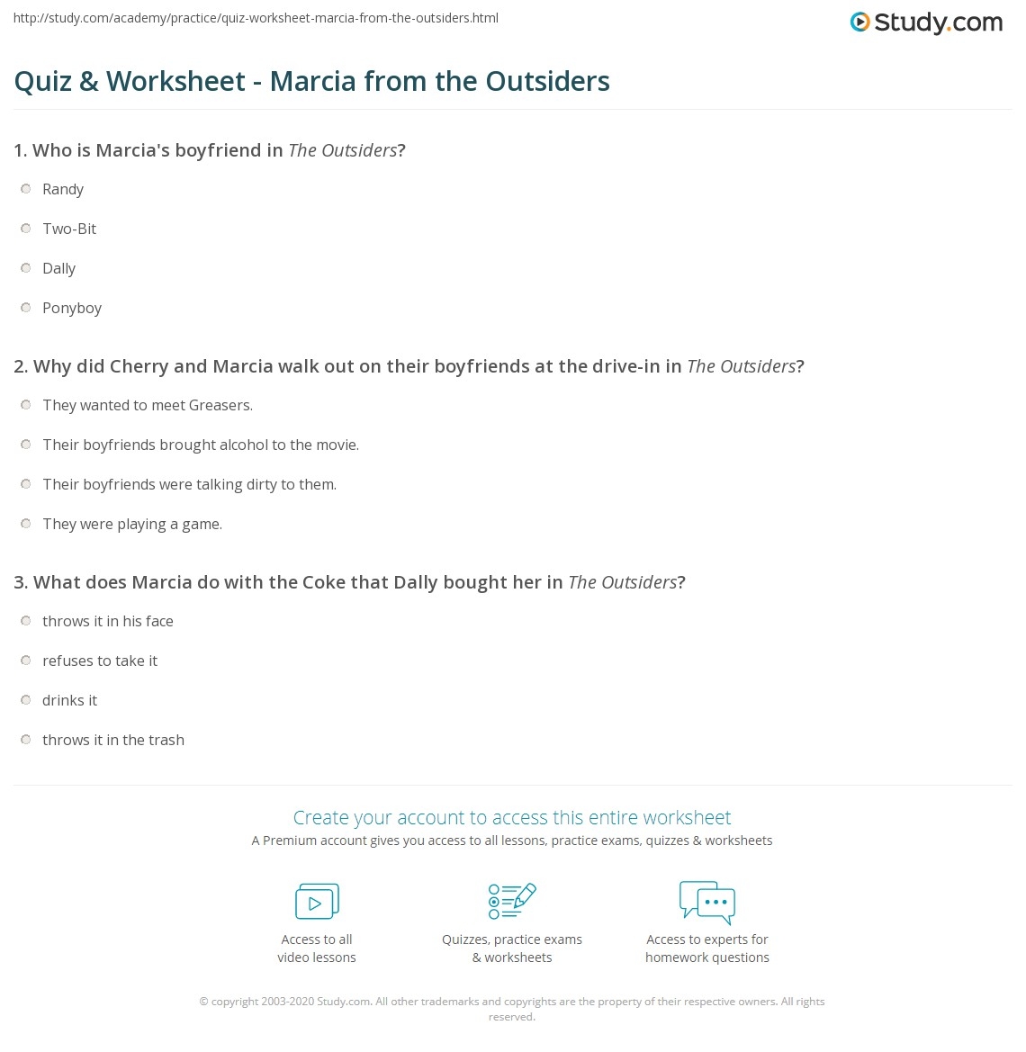 Quiz Worksheet Marcia From The Outsiders Study