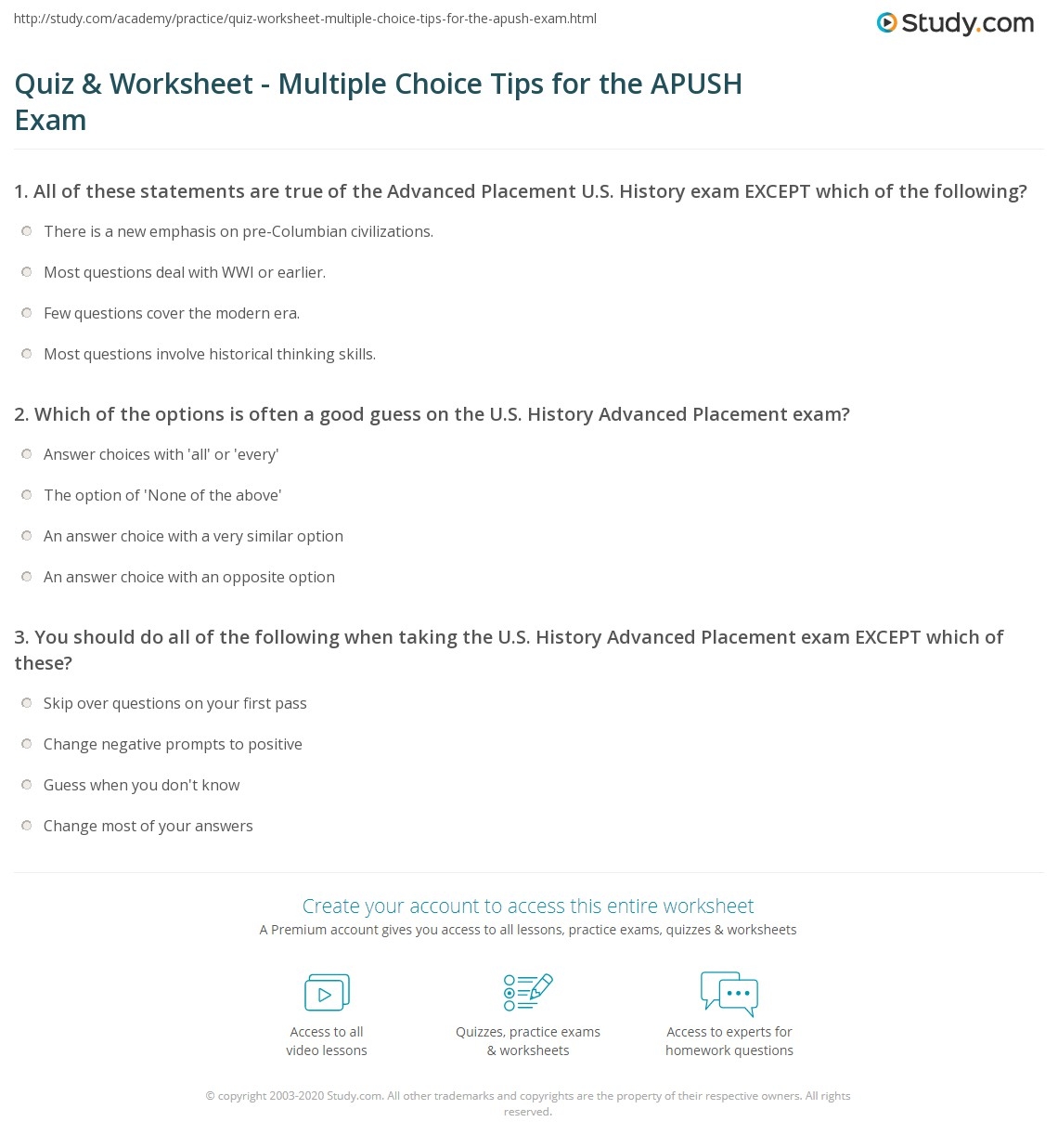 Quiz Worksheet Multiple Choice Tips For The APUSH Exam Study