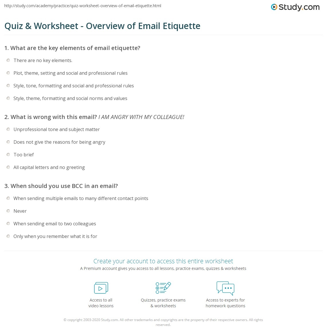 Quiz Worksheet Overview Of Email Etiquette Study