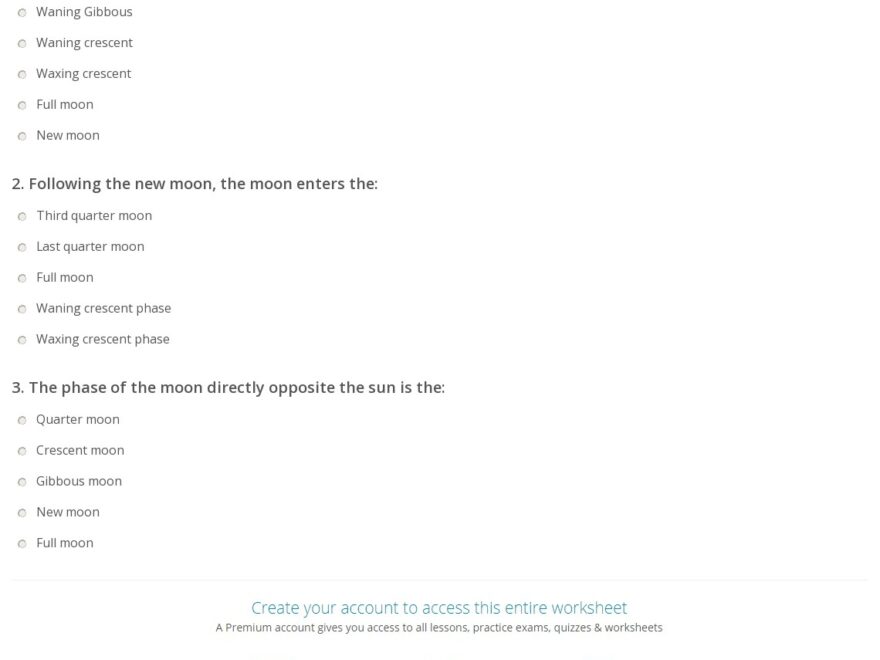 Quiz Worksheet Phases Of The Moon Study