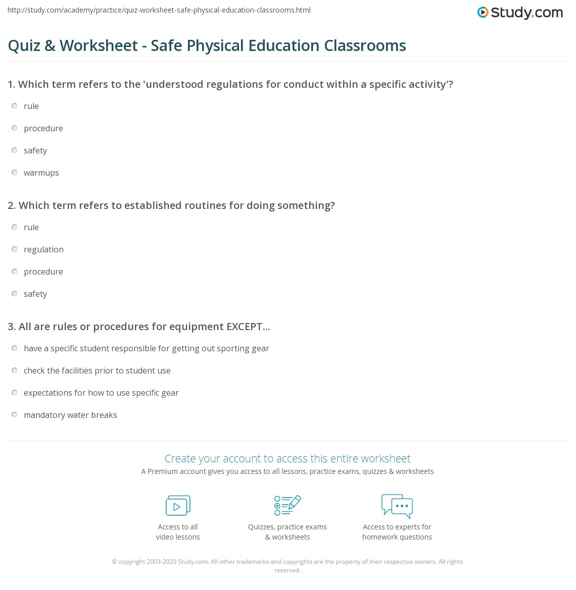 Quiz Worksheet Safe Physical Education Classrooms Study