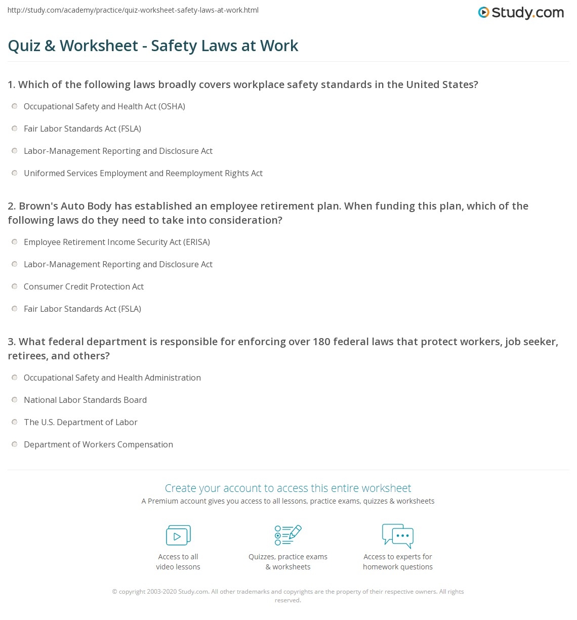 Quiz Worksheet Safety Laws At Work Study