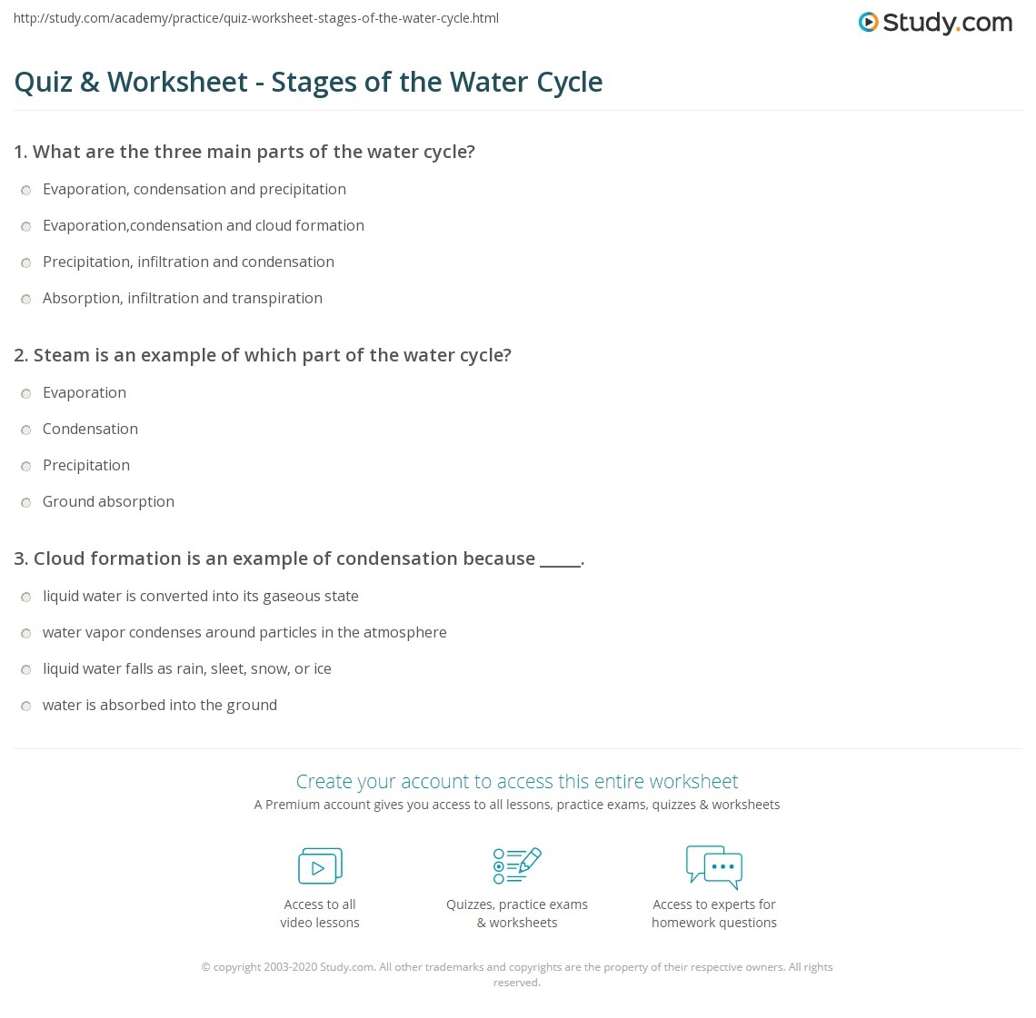 Quiz Worksheet Stages Of The Water Cycle Study
