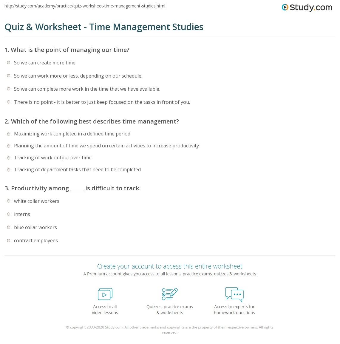Quiz Worksheet Time Management Studies Study