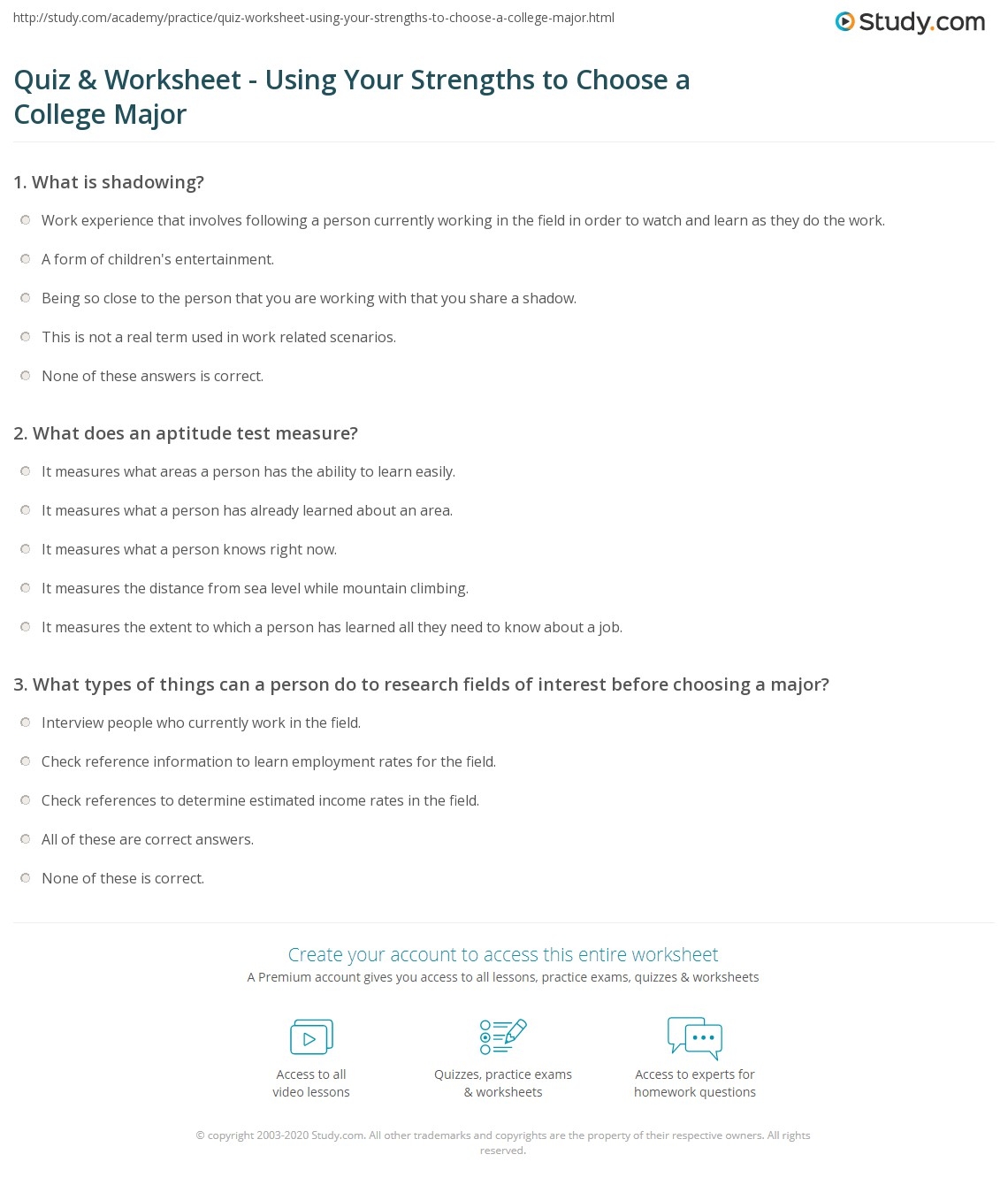 Quiz Worksheet Using Your Strengths To Choose A College Major Study