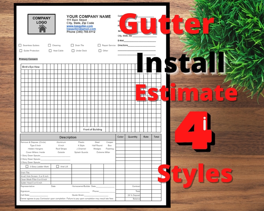 Rain Gutter Installation Company Estimate Invoice Work Order Printable Editable Estimate Word Processing Template Etsy