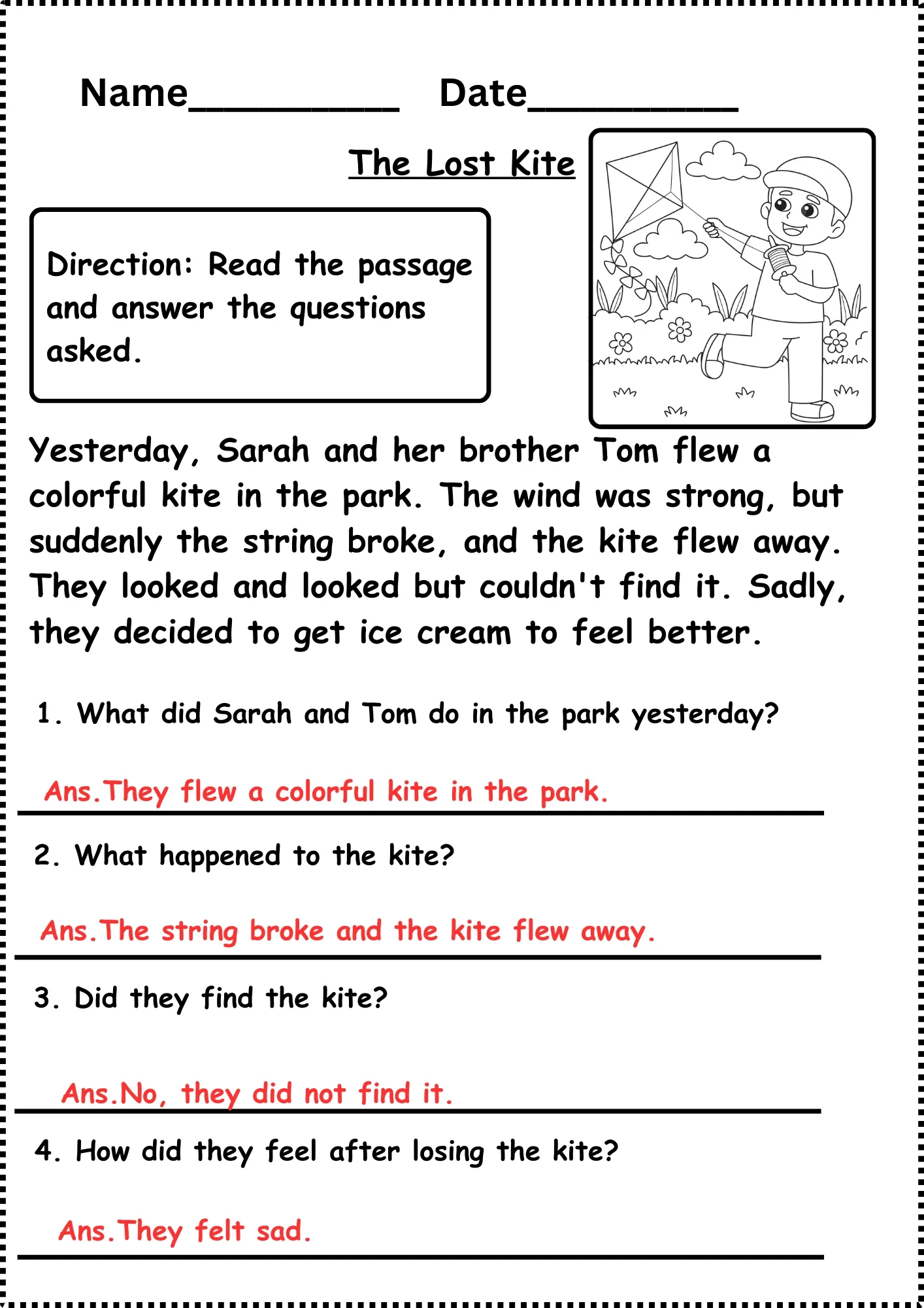 Comprehension Skills Printable Score Sheet