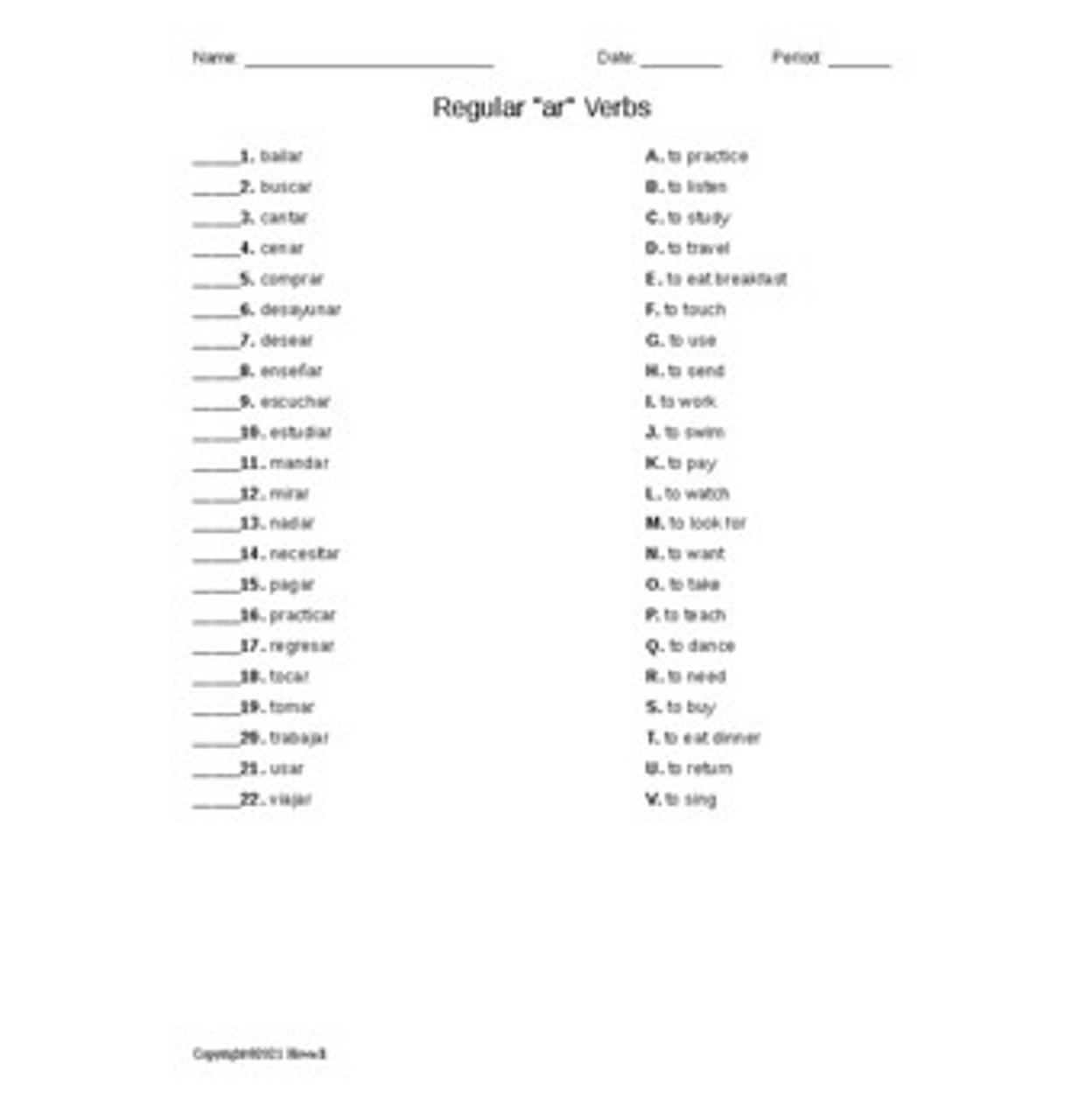 Printable Spanish Quizzes Verbs