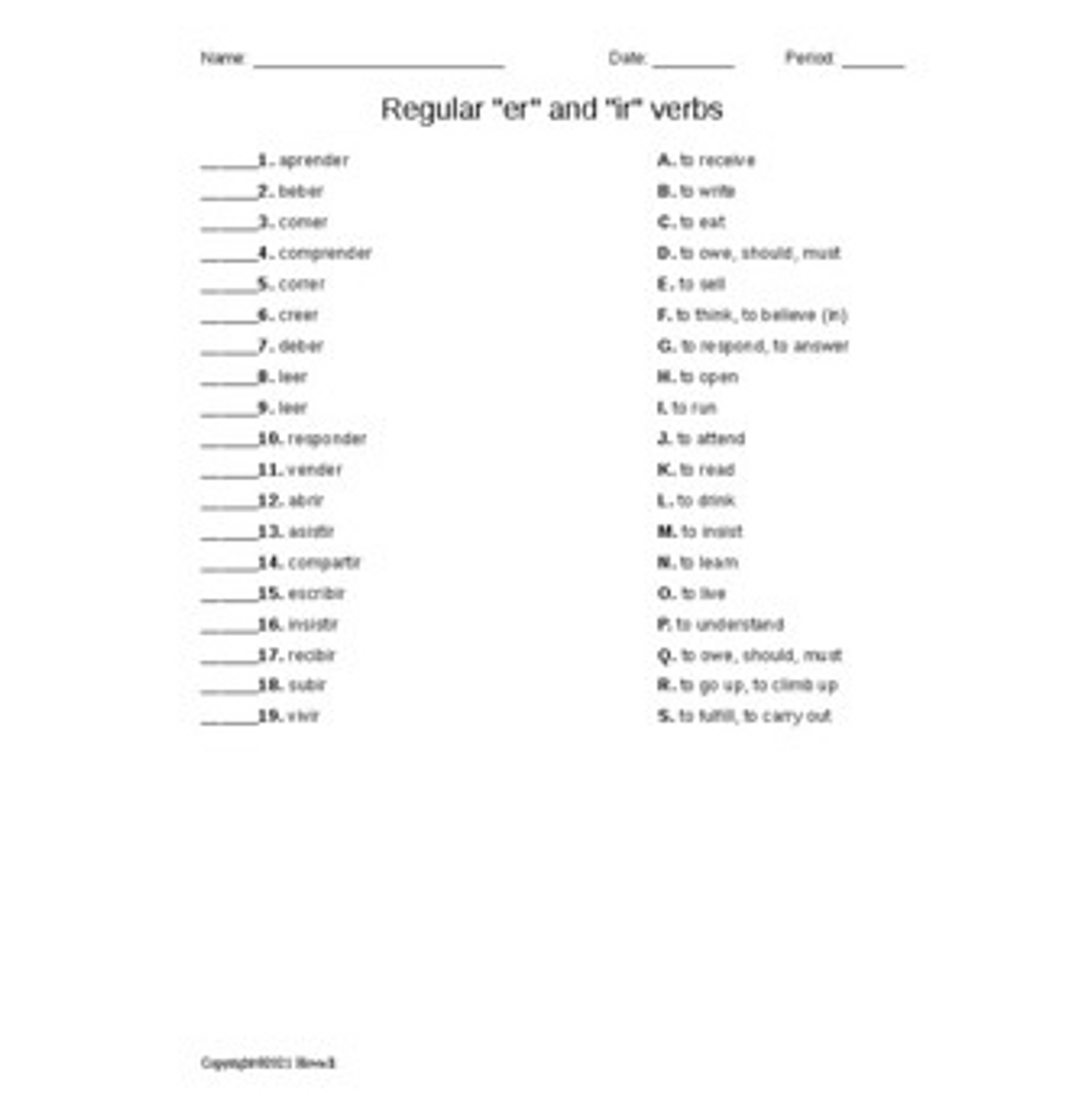 Er And Ir Verb Printable List
