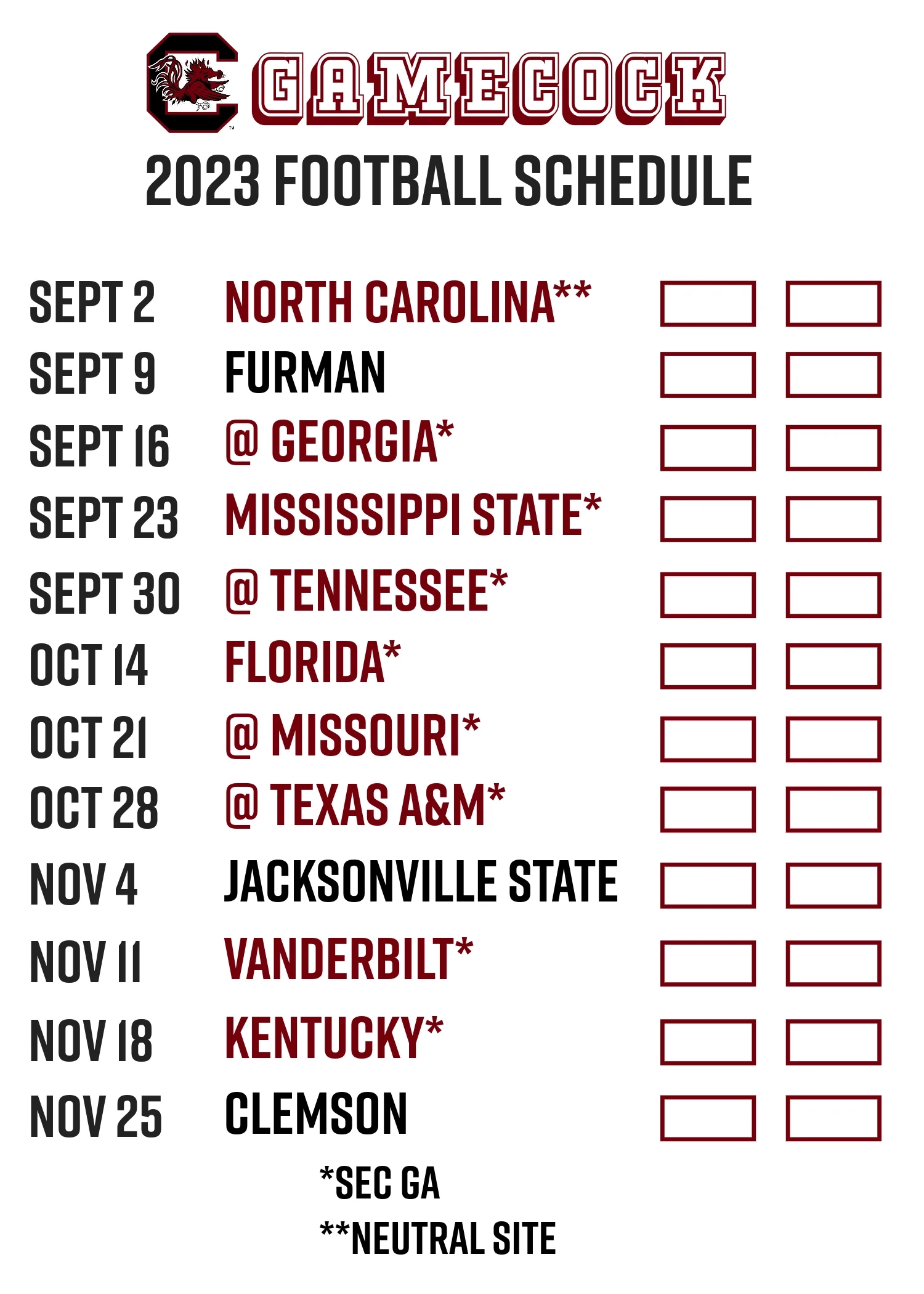 Revision Printable Fridge Football Schedule For South Carolina Gamecocks 5x7 R Gamecocks
