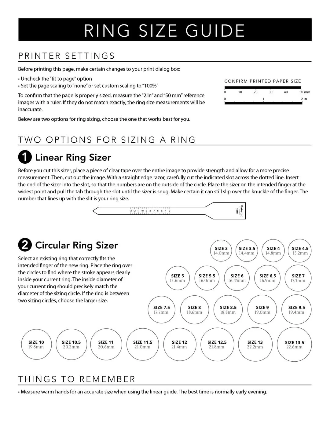 Printable Ring Width Chart Quarter