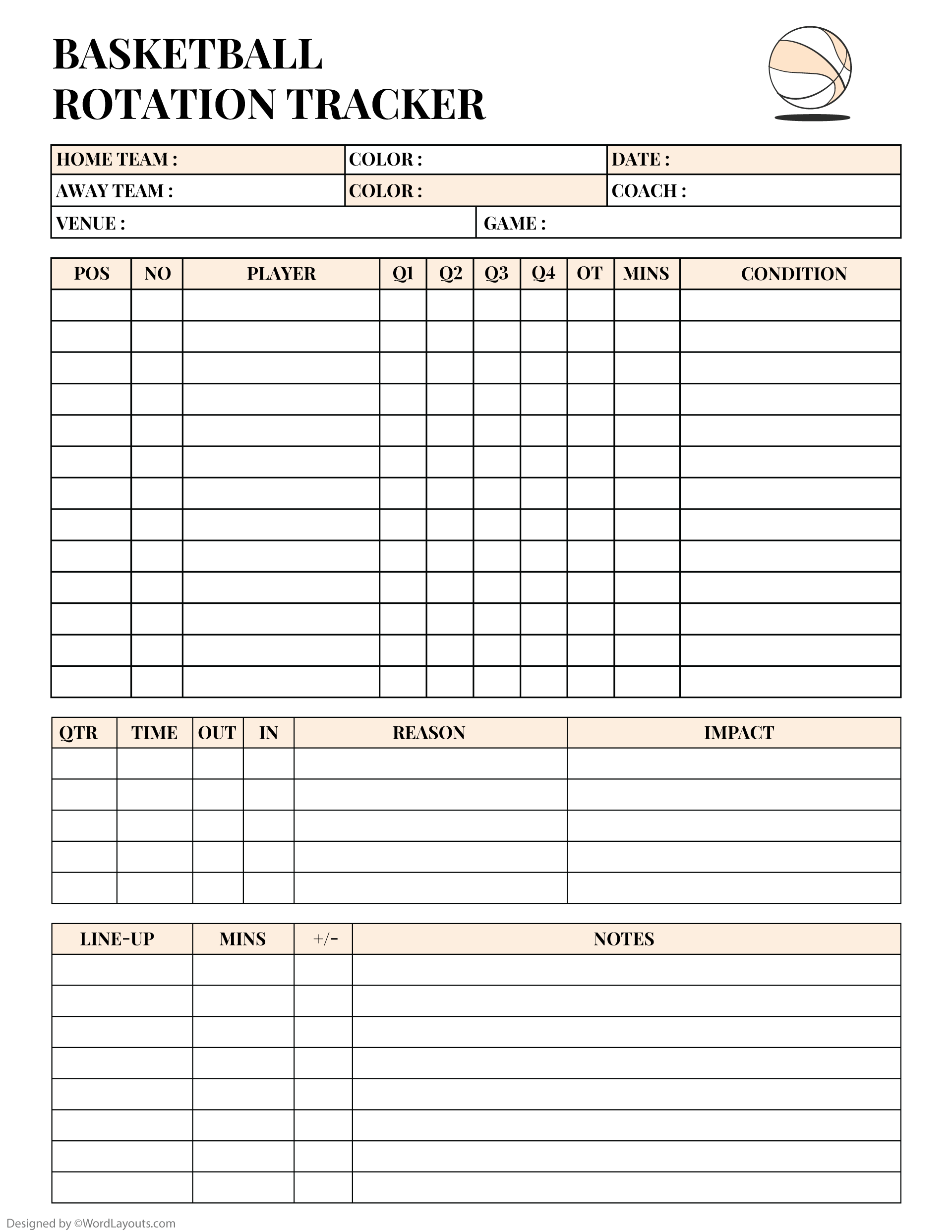 Rotation Tracker Basketball Sheet Template