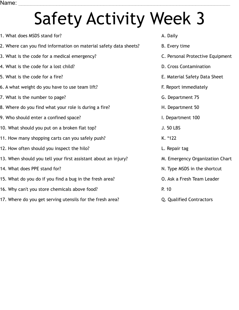 Safety Activity Week 3 Worksheet WordMint