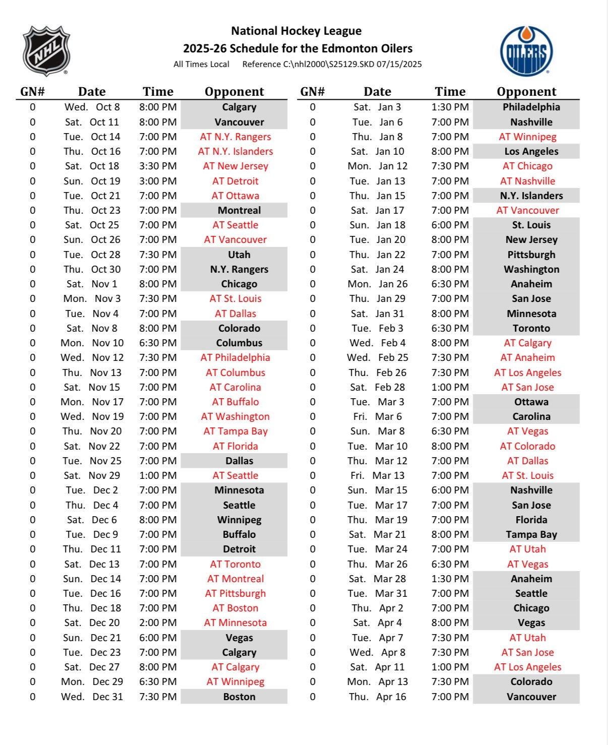 Printable Oilers Home Schedule
