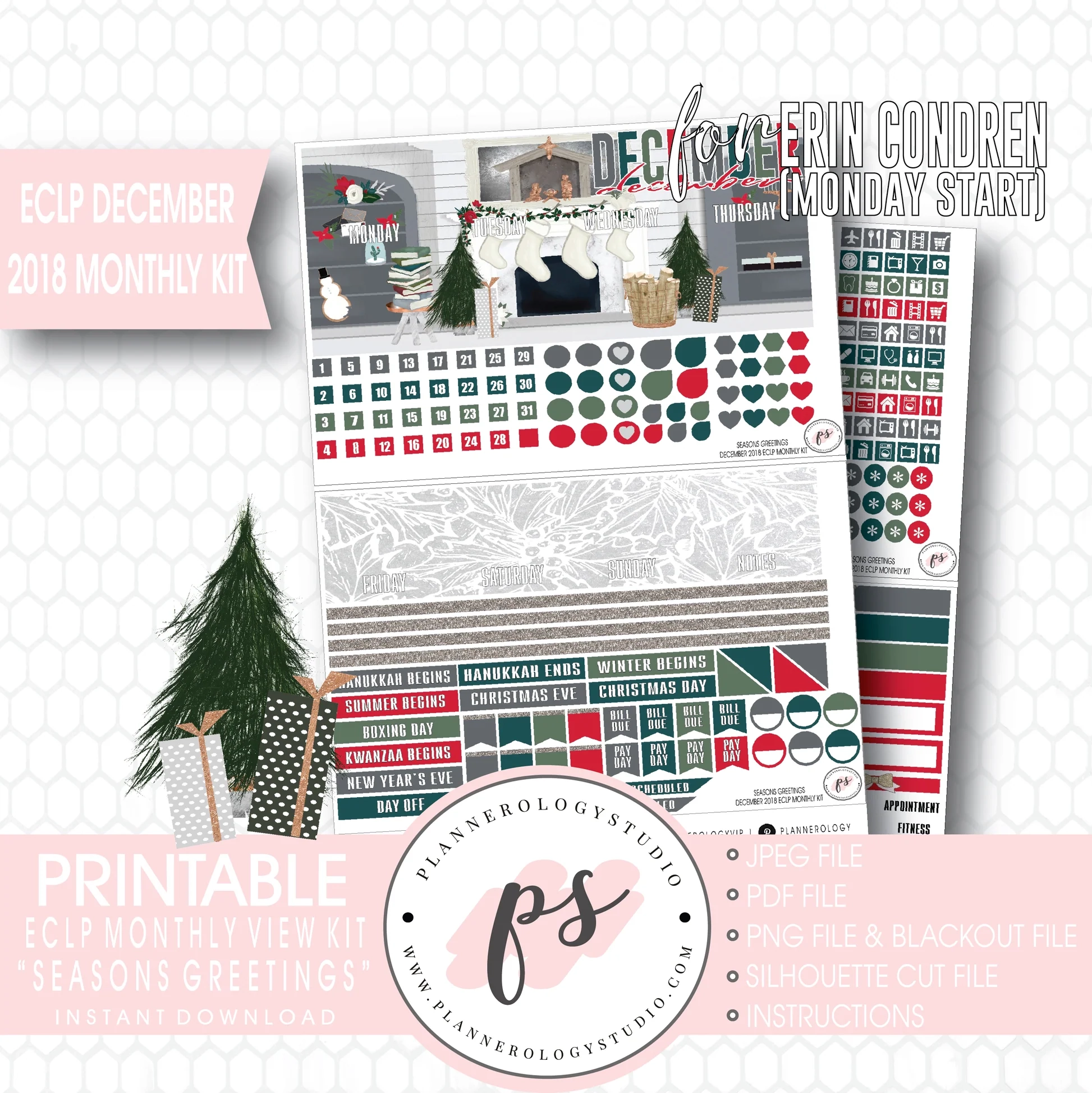 Seasons Greetings Christmas December Monthly View Kit Digital Printabl Plannerologystudio