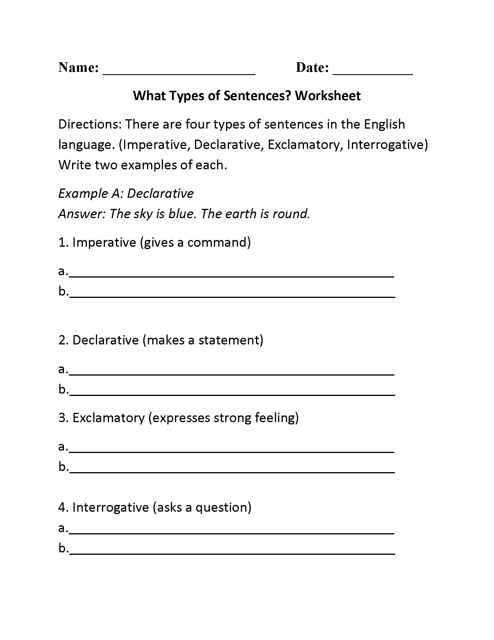 4 Types Of Sentences Quiz Printable