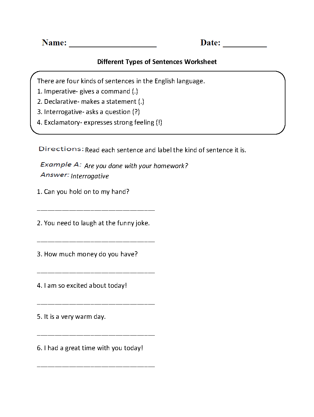 Sentences Worksheets Types Of Sentences Worksheets