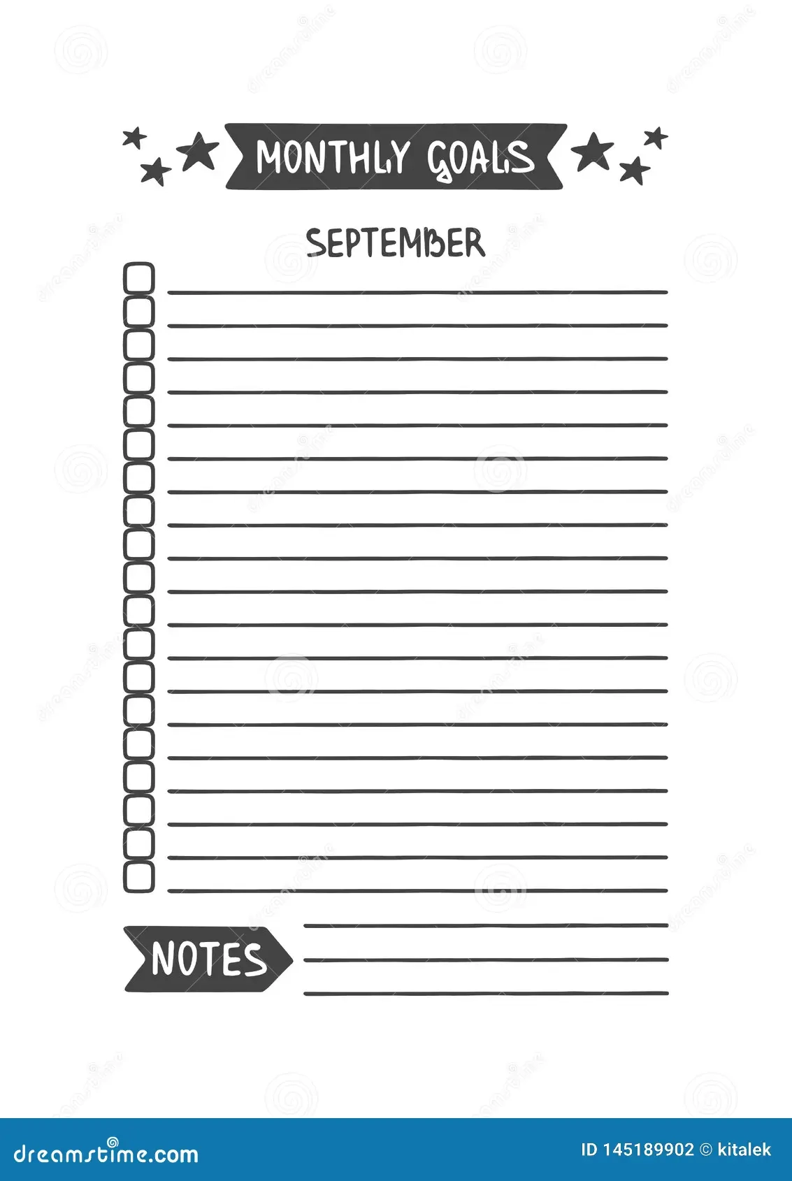 September Monthly Goals Vector Template Printable Organizer Stock Vector Illustration Of Note Bullet 145189902