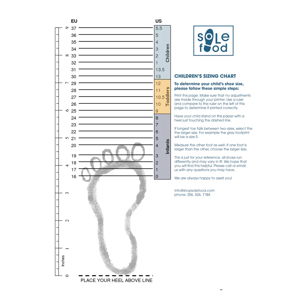 Printable Childrens Shoe Size Chart