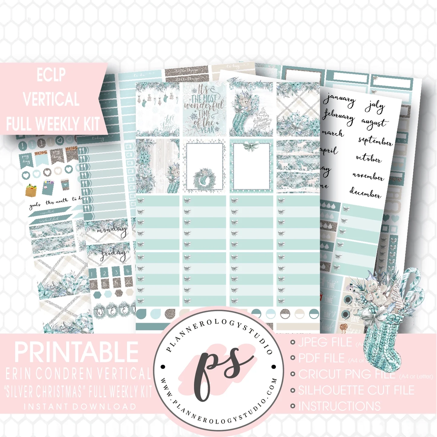 Silver Christmas Full Weekly Kit Printable Planner Stickers for Use W Plannerologystudio