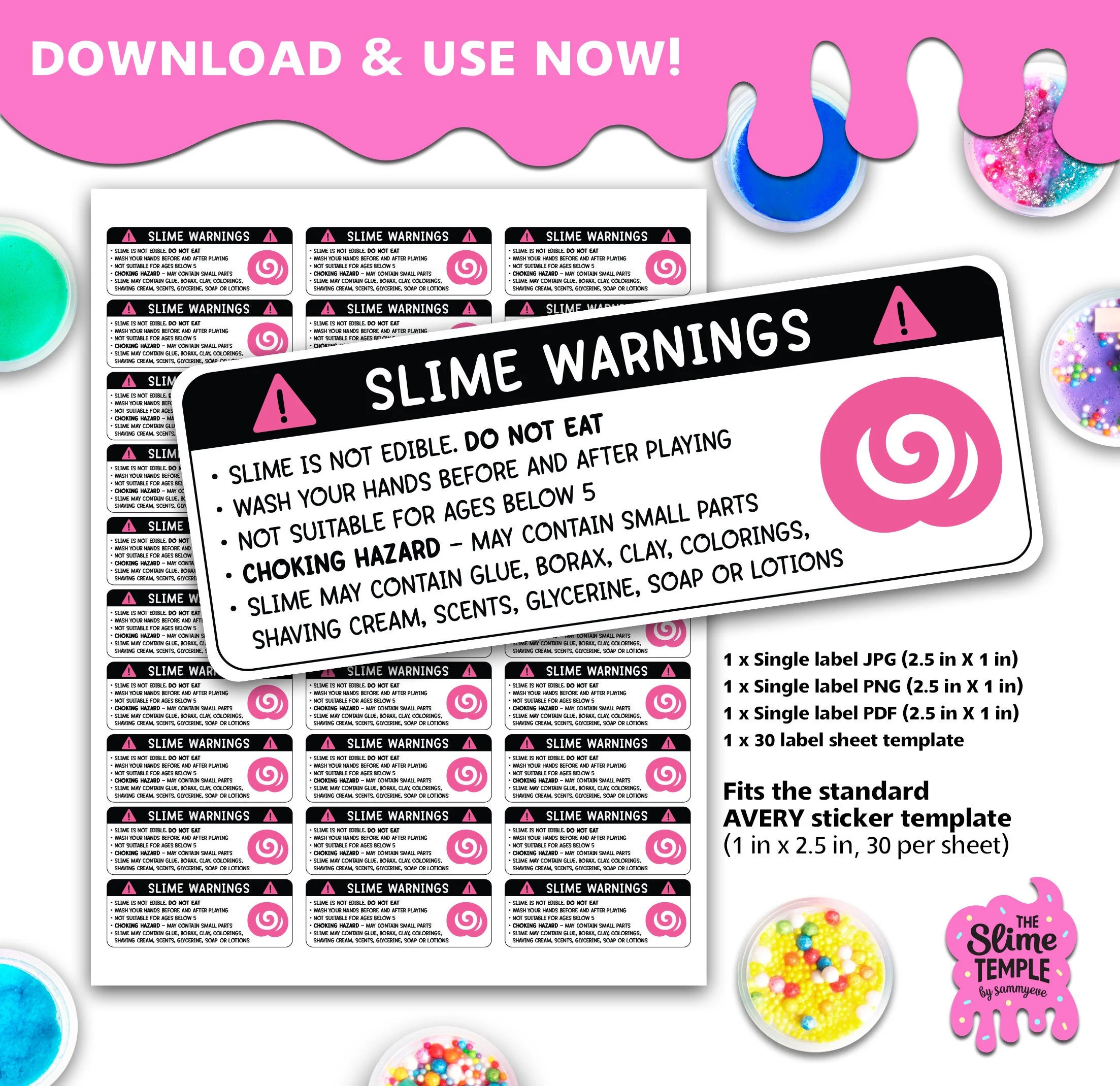 Slime Warning Label Template Slime Labels Slime Business Slime Warning AVERY Label Template MORE Colours Available Etsy Finland