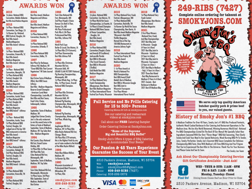 Smoky Jon s 1 BBQ Restaurant Catering Of Madison WI Call 608 249 RIBS 7427 Smoky Jon s BBQ Restaurant Menu