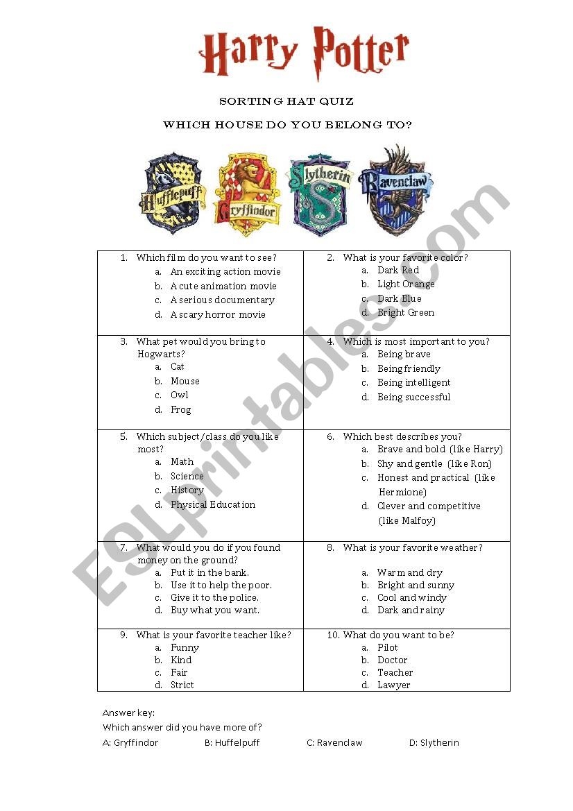 Hogwarts Houses For Kids Quiz Printable Hogwarts Houses For Kids Quiz Printable