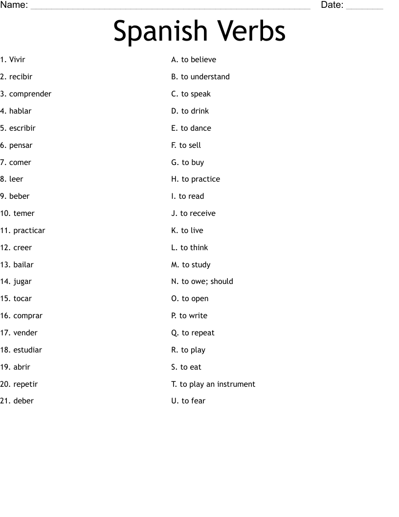 Spanish Verbs Worksheet WordMint