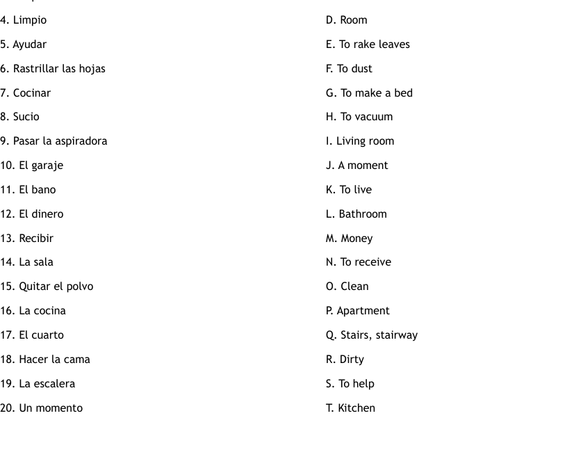Spanish Vocabulary Matching Quiz Worksheet WordMint